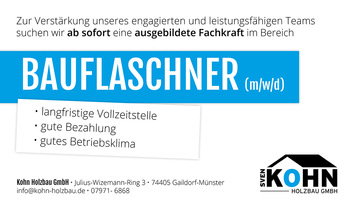 Sven Kohn Holzbau GmbH - Gaildorf - Holzbau - Bauflaschnerarbeiten - Jobs